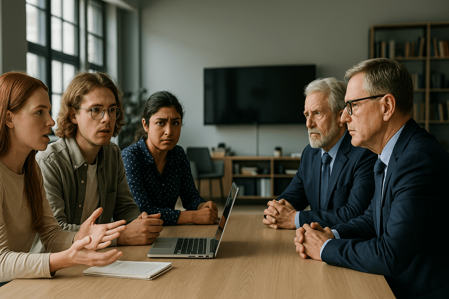 Gen Z Employees Debating with Senior Managers in Modern Office