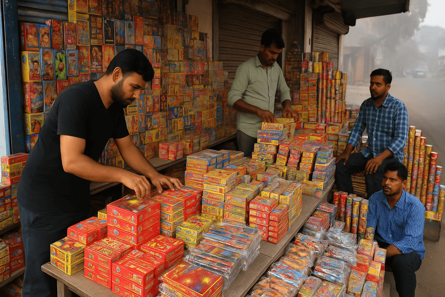 A bustling firecracker market stall, with stacks of colorful boxes and packets