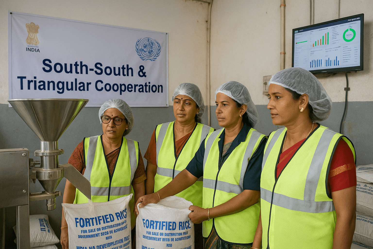 Women overseeing fortified-rice blending with a live supply-chain screen, illustrating India–UN SSTC