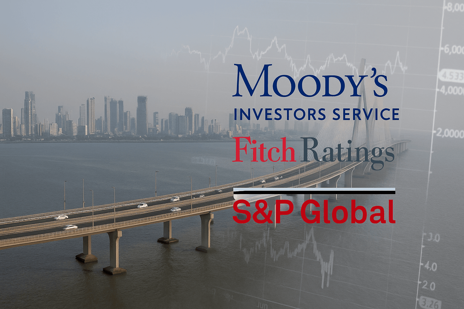 Mumbai skyline with Bandra-Worli Sea Link and financial charts, symbolising India’s stable credit rating outlook.