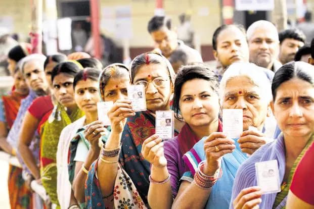 A daylight photo of voters examining electoral rolls pasted outside a polling booth in Bihar, realistic newsroom aesthetic