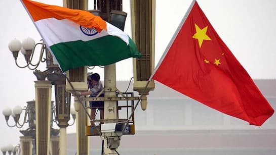 Indian and Chinese flags side by side, symbolising resumed direct flights and renewed diplomatic and economic engagement.