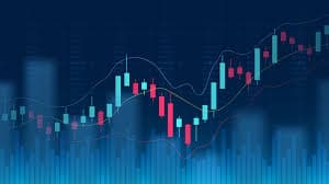 Digital stock market chart showing candlestick patterns, moving averages