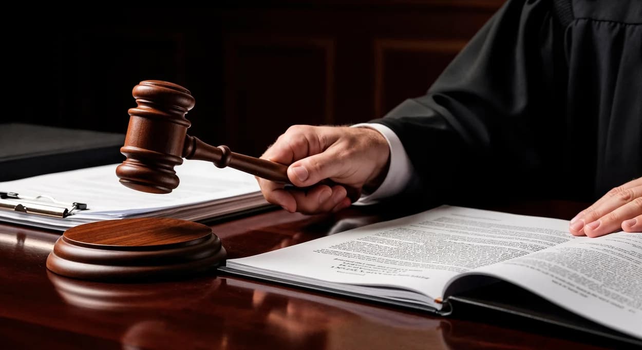 A judge in a courtroom holds a wooden gavel over legal documents, symbolising justice and judicial decision-making.