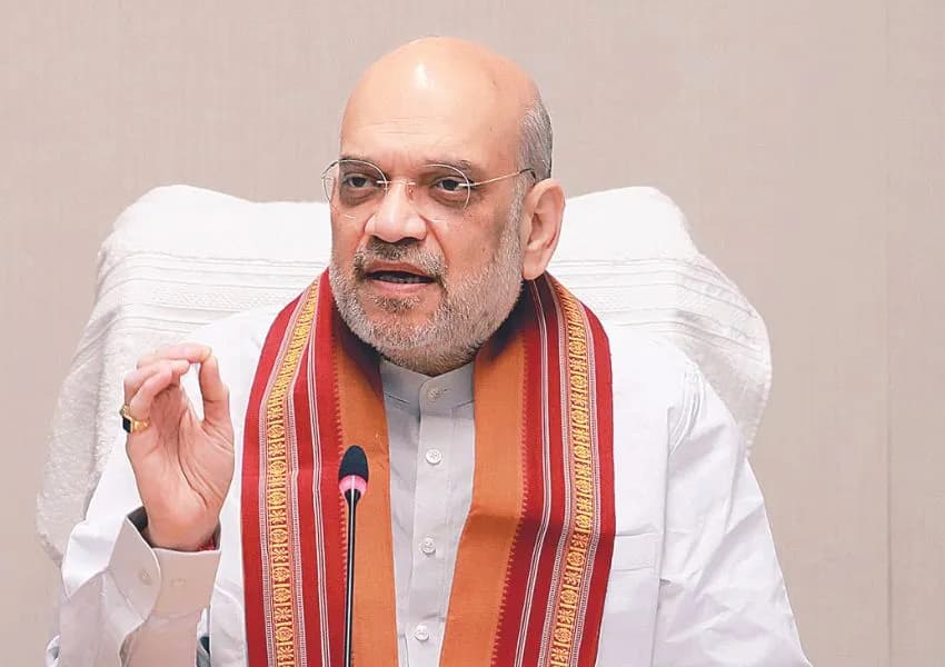 Union Home Minister Amit Shah addressing a public gathering in Bastar, Chhattisgarh, during a Swadeshi Jagran Manch event.