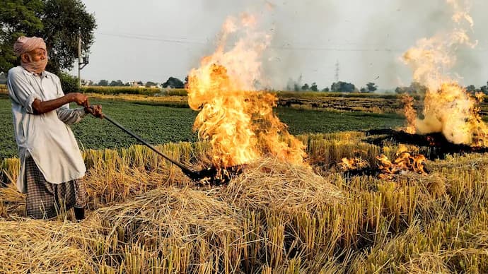 Aerial view of Punjab farmlands with smoke from stubble burning, showing residue fires and pollution impact.
