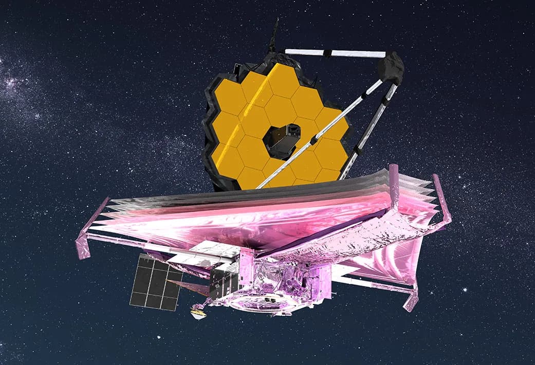 James Webb Space Telescope observing deep space; artistic depiction of glowing reddish “dark stars” in a  galaxy field