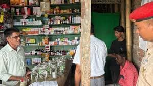 Police sealing a pharmacy and collecting evidence in a small-town clinic, officers in uniform with drug sample and case files