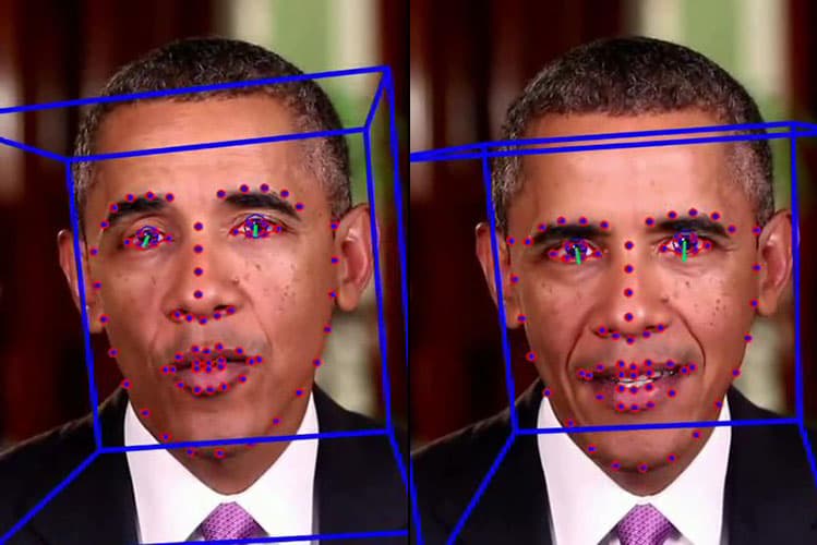Real and AI-generated faces with landmark mapping and 3D tracking, showing how deepfake detection technology works.