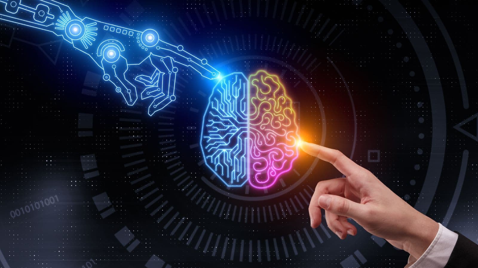 A robotic and human hand touch a glowing brain, symbolising collaboration between AI and human intelligence.